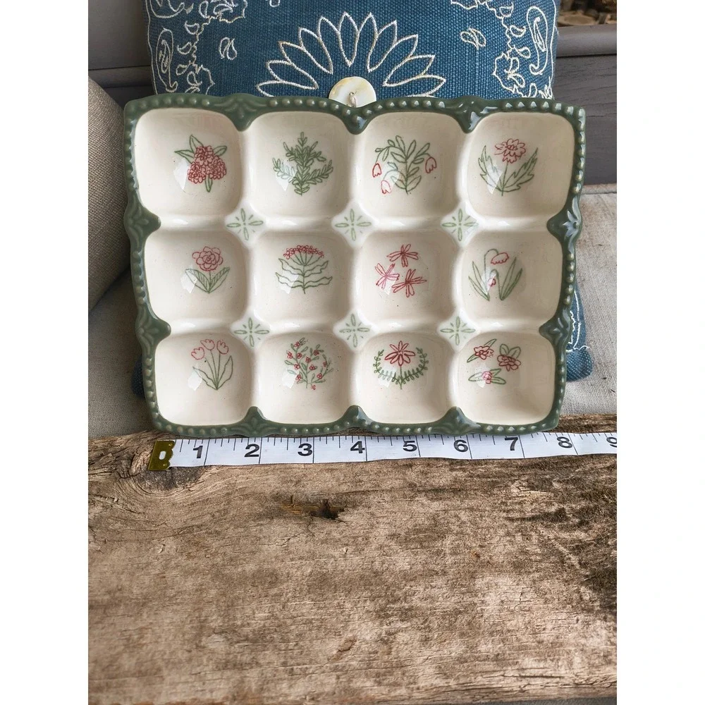 Danica Heirloom Ceramic Deviled Egg Tray Sage Green Floral Botanical 12 Slot
